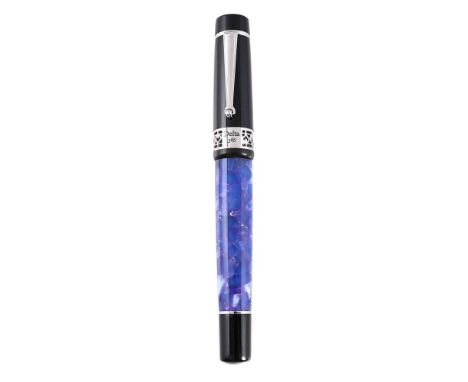 
	
		DELTA, 365 
		A RESIN FOUNTAIN PEN 
		Cap and Barrel: The black resin cap and pearlescent lilac resin barrel with silver