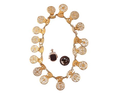 
	
		A SMALL COLLECTION OF ANTIQUE JEWELLERY 
		To include a necklace made of pierced balloon shaped late 18th and 19th centu