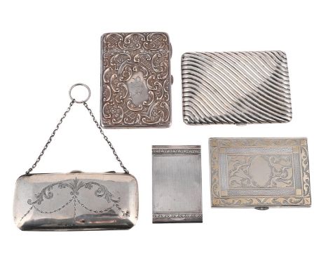 
	
		FIVE SILVER CASES
		To include: a Victorian rectangular card case by Crisford &amp; Norris Ltd., Birmingham 1900, chased