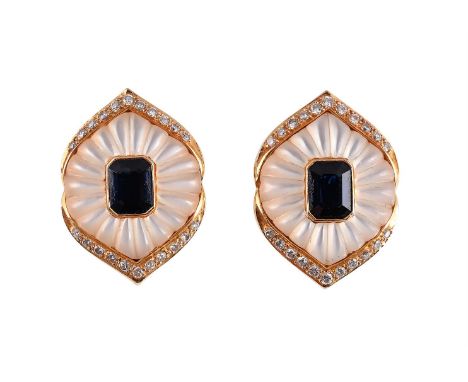 
	
		Y&nbsp;A PAIR OF SAPPHIRE, DIAMOND AND MOTHER OF PEARL EARRINGS 
		The central step cut sapphires with canted corners co