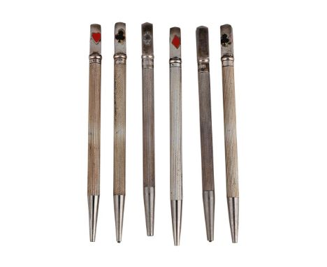 
	
		A SET OF FOUR SILVER COLOURED AND LACQUERED BRIDGE PENCILS
		STAMPED STERLING SILVER
		The terminals lacquered with the 