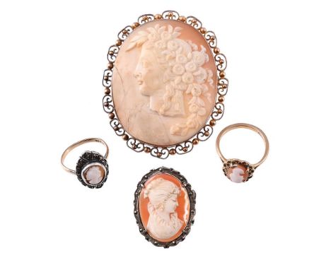 
	
		A SMALL COLLECTION OF SHELL CAMEO JEWELLERY 
		To include a shell cameo brooch of Flora, within a scrolled beaded surrou
