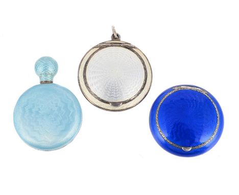 
	
		THREE RUSSIAN SILVER AND ENAMEL ITEMS
		To include: a Russian silver and blue enamel scent bottle, 1908 - 1926 84 Kokosh