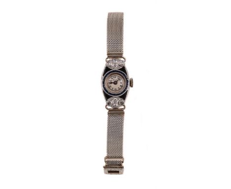 
	
		MIDO
		A WHITE GOLD, DIAMOND, SAPPHIRE AND ONYX COCKTAIL WATCH, NO. 153504, CIRCA 1930
		Movement: Manual wind
		Case: W