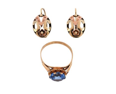
	
		A SYNTHETIC BLUE SPINEL RING AND A PAIR OF EARRINGS
		The circular cut synthetic blue spinel within a claw setting to a 