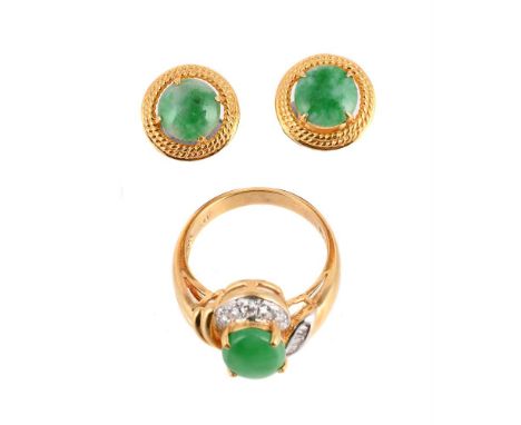 
	
		A JADEITE JADE AND DIAMOND DRESS RING AND SIMILAR EARRINGS 
		The ring with an oval cabochon jadeite claw set within a c