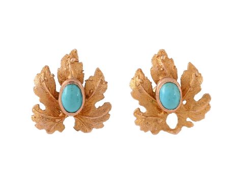 
	
		A PAIR OF TURQUOISE SET EARRINGS
		The textured vine leaves with a central collet set oval cabochon turquoise, unmarked
