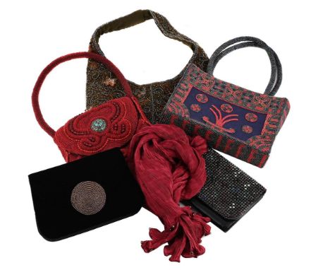
	
		FIVE BEADED HANDBAGS AND A SCARF
		To include: a Bon Soir black velvet clutch bag, with a beaded circular panel and pop 