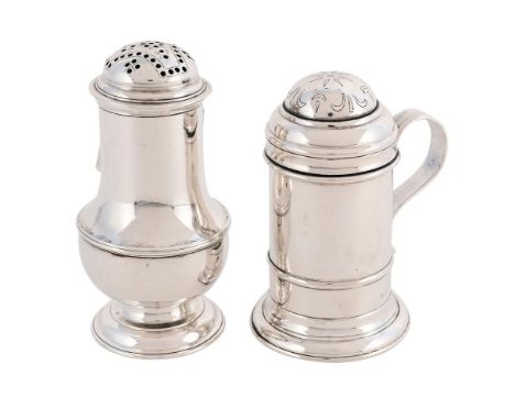 
	
		A GEORGE II SILVER CASTER AND A MODERN SILVER PEPPER GRINDER
		To include: a George II silver caster, maker&#39;s mark T