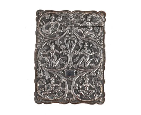 
	
		AN INDIAN SILVER SHAPED RECTANGULAR CARD CASE
		UNMARKED, CIRCA 1900
		Chased with a lion mask and figures among foliate