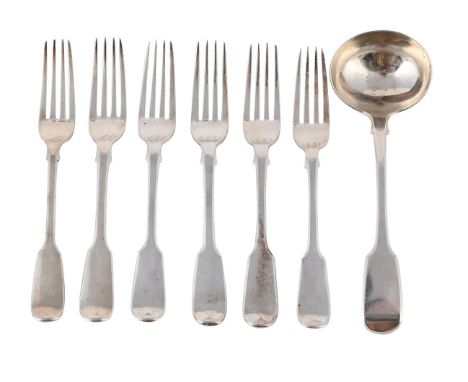 
	
		SIX WILLIAM IV SILVER FIDDLE PATTERN DESSERT FORKS AND A SAUCE LADLE
		JOHN HAMES WHITING, LONDON 1834
		The forks 17.5c