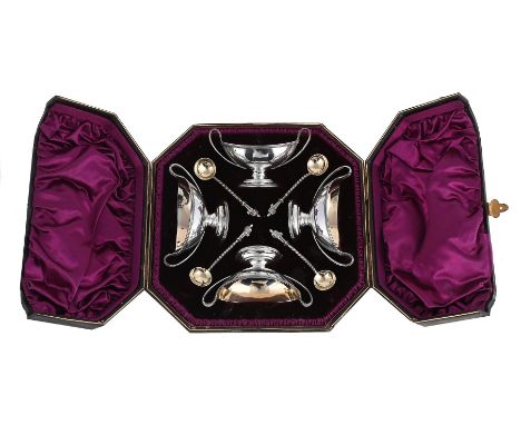 
	
		A CASED SET OF FOUR VICTORIAN SILVER NAVETTE PEDESTAL SALTS
		CHARLES STUART HARRIS, LONDON 1886
		With twin loop handle