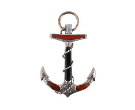 
	
		SCOTTISH INTEREST: A VICTORIAN AGATE ANCHOR BROOCH 
		The fouled anchor with ropetwist chain set with red jasper and blo