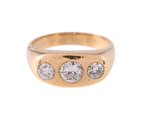 
	
		A DIAMOND THREE STONE RING
		The ring with a trio of rubover set brilliant cut diamonds, approximately 0.95 carats total