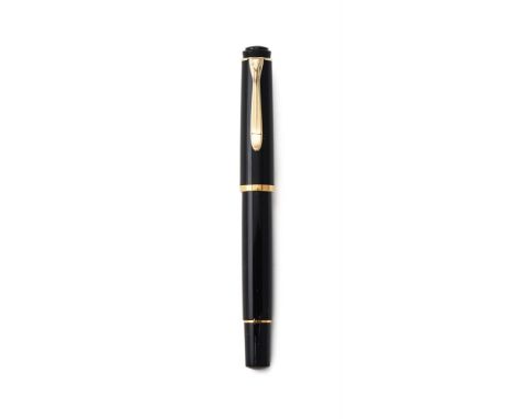 
	
		PELIKAN, GV300 
		A BLACK RESIN FOUNTAIN PEN 
		Cap and Barrel: The polished black resin cap and barrel, with gilt Pelik