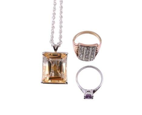 
	
		A SMALL COLLECTION OF JEWELLERY
		Comprising a square cut amethyst dress ring, in a 9 carat gold setting; an oval caboch