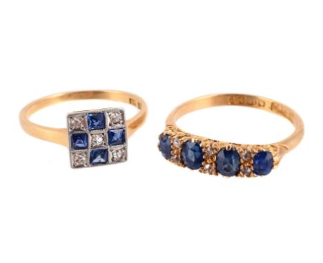 
	
		TWO EARLY 20TH CENTURY SAPPHIRE AND DIAMOND RINGS 
		The first with four oval cut sapphires interspaced with pairs of ei
