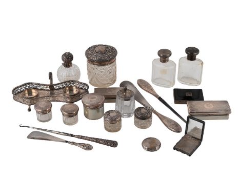 A COLLECTION OF SILVER AND SILVER MOUNTED ITEMS To include: an Edwardian silver mounted nine piece dressing table set by G. H