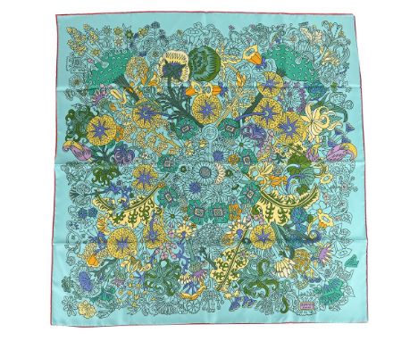 
	
		HERM&#200;S, CACHE CACHE FLEURI
		A SILK SCARF
		With mint green ground decorated with numerous flowers with figural det
