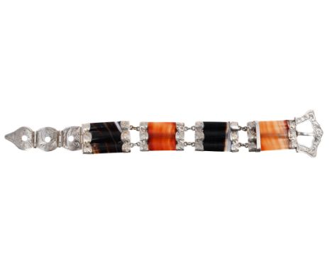 
	
		SCOTTISH INTEREST: A VICTORIAN BANDED AGATE AND SILVER BUCKLE BRACELET 
		The bracelet with four polished reeded banded 