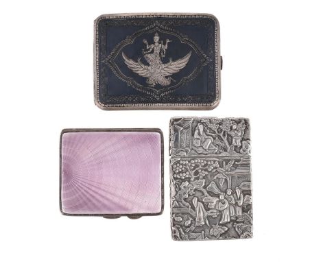 
	
		THREE SILVER  ITEMS
		To include: A Chinese card case, chased with figures in wooded scene, 10cm (4in) high; a Burmese s
