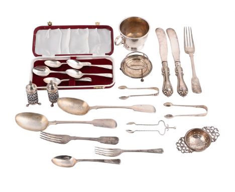 
	
		A COLLECTION OF SILVER ITEMS
		To include: a cup by G. M. &amp; S., Birmingham 1934, with a loop handle and on a circula