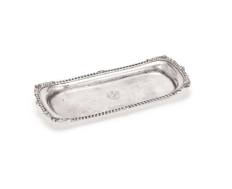 
	
		A GEORGE III SILVER OBLONG SNUFFER TRAY
		WILLIAM TUCKER &amp; CO., SHEFFIELD 1807
		With a gadrooned border, foliage an