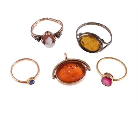 
	
		A SMALL COLLECTION OF JEWELLERY 
		To include a ruby single stone ring, the cushion shaped ruby within a collet setting 