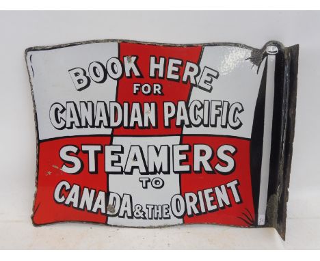 A Canadian Pacific 'Steamers to Canada and the Orient' double sided enamel sign with hanging flange, good gloss, 16 1/2 x 12 