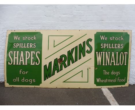 A large Spillers Shapes and Winalot enamel sign with retailer's name of Markins to the centre, good gloss, 86 x 39 1/2".