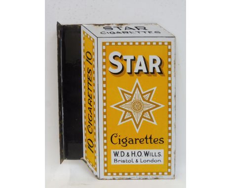 A rare Wills Star Cigarette die-cut double sided enamel sign with hanging flange, in exceptional condition, 11 1/2 x 16".