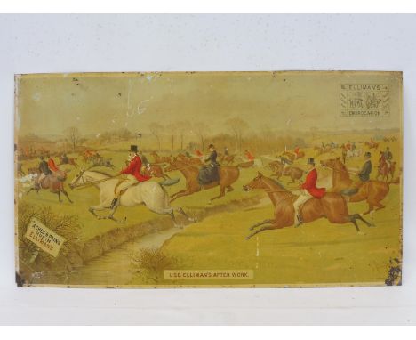 An Elliman's Embrocation pictorial tin lithograph sign depicting a hunting scene, 26 x 14".