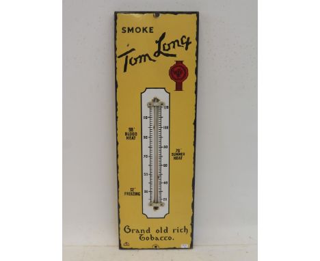 A Tom Long Tobacco enamel thermometer sign, in excellent condition, 7 1/2 x 22 1/2".