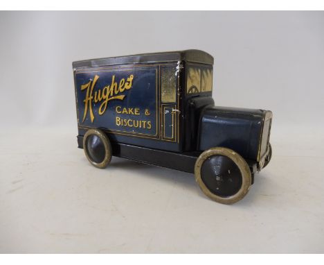 A rare Hughes Cake and Biscuits tin in the form of a 1920s delivery van, in excellent condition.