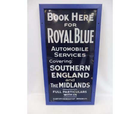 A Royal Blue Automobile Services rectangular enamel sign, with some restoration, set within a wooden frame, 20 1/2 x 38".