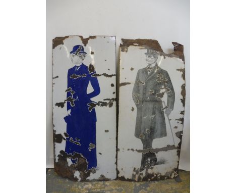 A rare pair of Victorian pictorial enamel signs, depicting on one a well dressed lady and on the other a gentleman, by repute