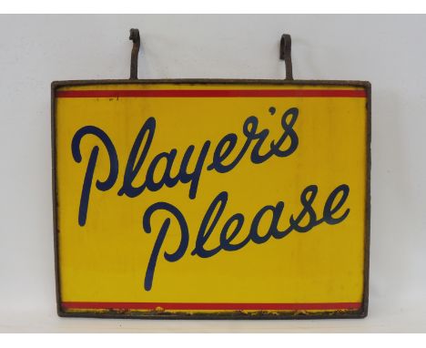 A Players Please double sided enamel sign within metal hanging frame, good gloss, 24 1/4 x 18 1/4".