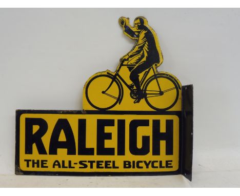 A Raleigh 'The All-Steel Bicycle' die-cut pictorial double sided enamel sign in excellent condition, re-attached hanging flan