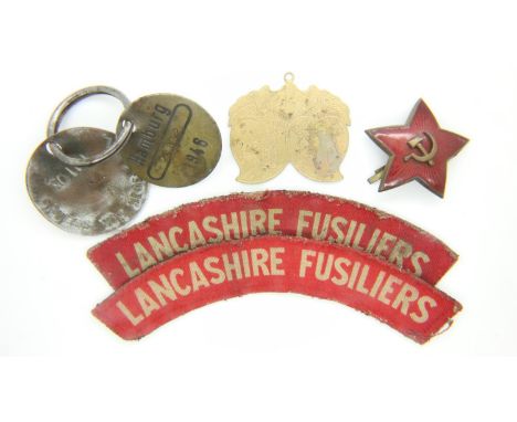 Lancashire Fusiliers pair of shoulder titles, two post-war dog tags and an enamelled Soviet badge. UK P&amp;P Group 1 (£16+VA