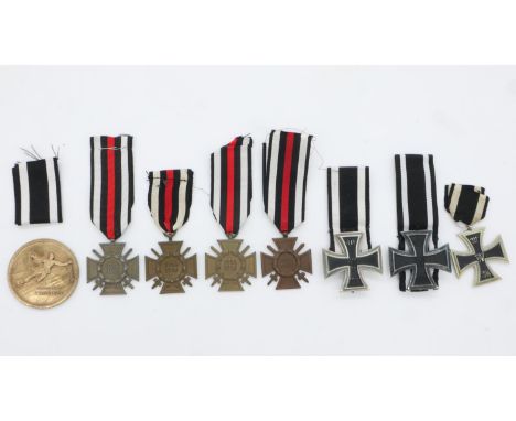 German WWI-II restrike medals, including Iron Cross 1st and 2nd class, Hindenburg crosses and a 1940 dated skiing medal. UK P