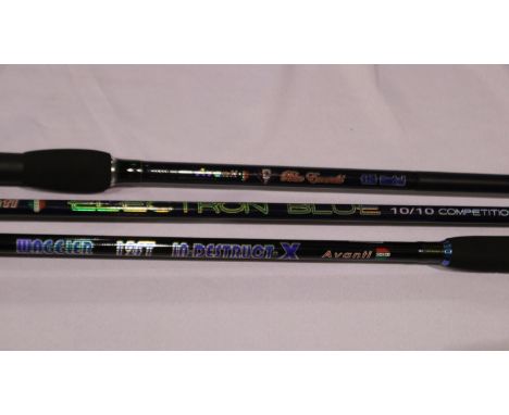 Three Avanti fishing rods, Electron Blue 10/10 competition feeder, 11ft Barbel and a 12ft waggler. UK P&amp;P Group 2 (£20+VA