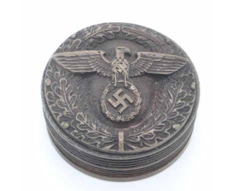 A circular replica Third Reich snuff or tobacco box with inscription to base. UK P&amp;P Group 1 (£16+VAT for the first lot a