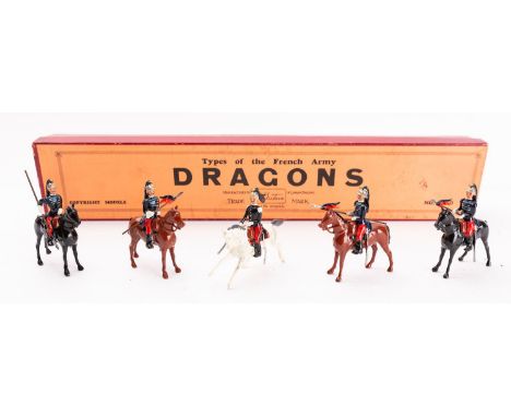 Britains toy soldiers, set 140, Types of the French Army: Dragons [Dragoons], 5 mounted figures, printers type box