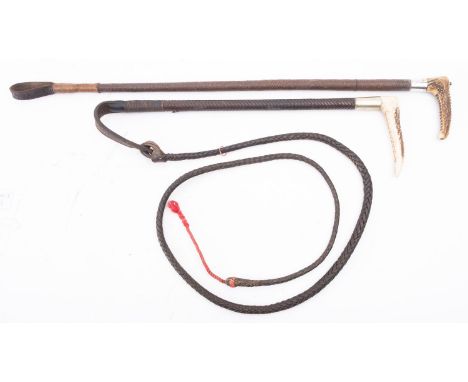 A silver mounted antler handled hunting/ riding whip by G & J Zair, Birmingham 1878, silver mount engraved with scrolled init