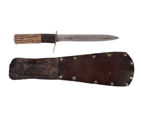 A WWII period Finish Hunting/Fighting Knife, the straight single edge blade over a brass hilt and antler one piece grip, in a