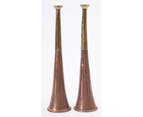 Two copper and brass hunting horns, not marked, 22.5cm long, (2)