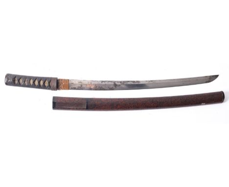 A Meiji period Japanese Wakisashi, unsigned, tsuba missing, lacquered suya, blade with textured copper habaki, bound cord gri