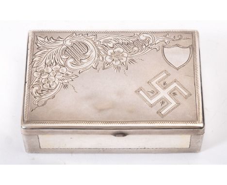 A WWII German army white metal tobacco tin, of rectangular form, the hinge lid, which opens to reveal a dividers, engraved  f