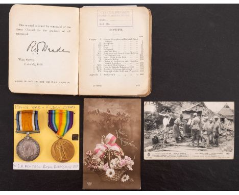 A WWI pair inscribed to '30814 Pte. E.H. Kentell. R. Berks. R.' with 1915 Signal Training Manual and two WWI postcards