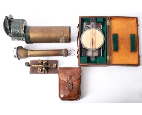 A WW2 Airspeed indicator, maker Pye, in original case, together with 7 x 50 monocular gunsight, a Morse key, a torch, and a l